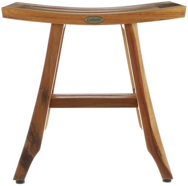 EcoDecors Teak Shower Bench – 18" Satori Bath Seat for Adults & Seniors, EarthyTeak Finish Compact Water-Resistant Bathroom Stool | Non-Slip Bench for Shower Use with Slatted Top & Adjustable Feet