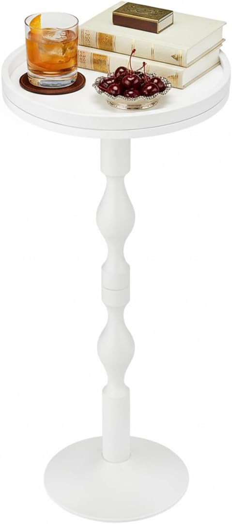 Small Round Drink Table,Pedestal Tables,Small Round Side Table for Narrow Spaces,End Table for Living Room, Bedroom, Bathroom,Balcony (White)