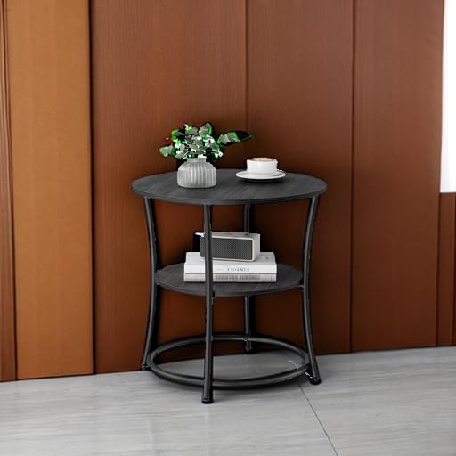 VASAGLE Side Table, 2-Tier Round End Table, Nightstand with Steel Frame for Small Spaces, Living Room, Bedroom, Charcoal Gray and Ink Black