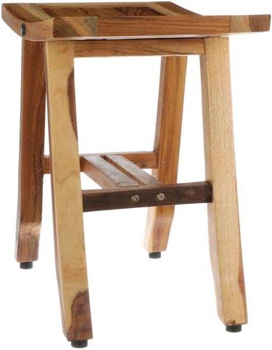 EcoDecors Teak Shower Bench – 18" Satori Bath Seat for Adults & Seniors, EarthyTeak Finish Compact Water-Resistant Bathroom Stool | Non-Slip Bench for Shower Use with Slatted Top & Adjustable Feet