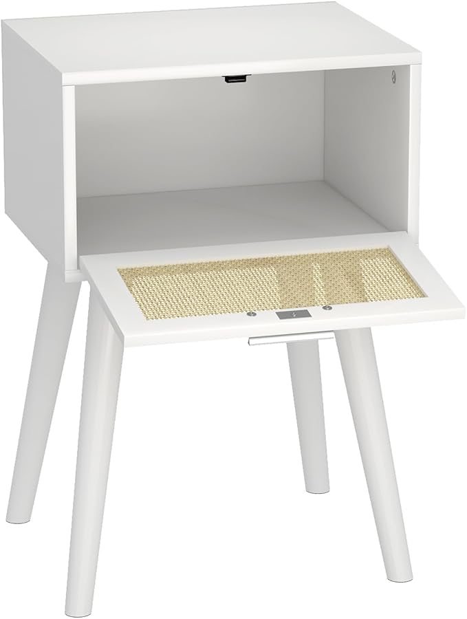 LAATOOREE Table, Nightstand Set of 2 - Small End Table with Rattan Door, Boho Style for Bedroom Living Room - White