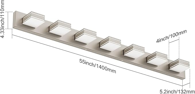 Ralbay 55inch Brushed Nickel Vanity Light for Bathroom 7-Light Metal Acrylic Modern LED Bathroom Light Fixtures