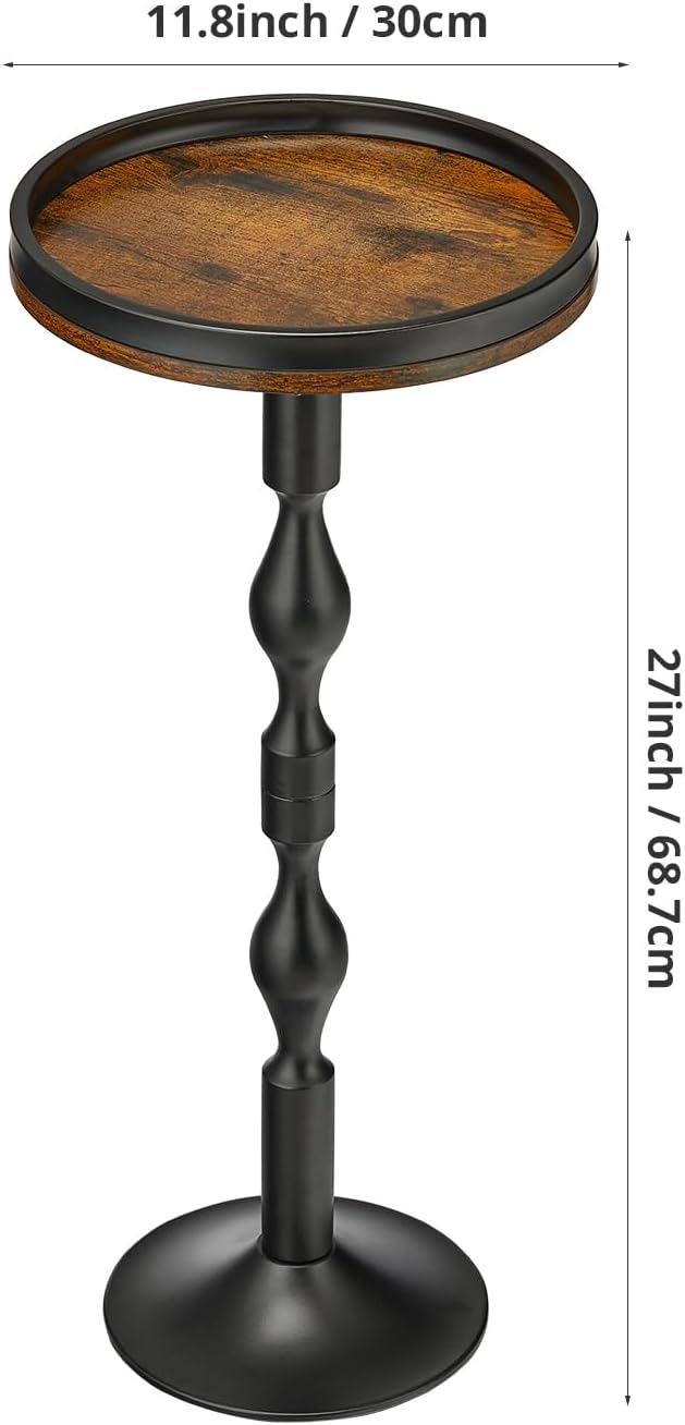 Small Round Drink Table,Pedestal Tables,Small Round Side Table for Narrow Spaces,End Table for Living Room, Bedroom, Bathroom,Balcony (Rustic Brown)