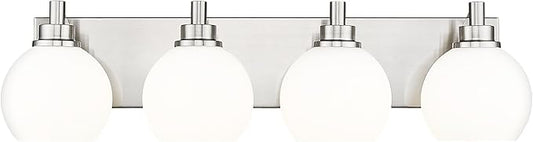 Bathroom Light Fixtures, 4 Light Brushed Nickel Vanity Light, 26 Inch Modern Wall Sconces with Globe Milk White Glass Shade, Vanity Lighting Fixtures Over Mirror, VL195-BN-ML-4