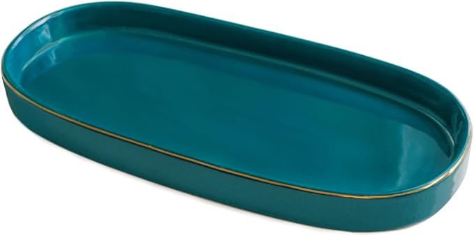 10x5 Bathroom Vanity Tray, Oval Ceramic Decorative Perfume Candle Tray for Bathroom/Kitchen Counter, Green