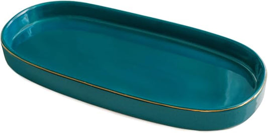 10x5 Bathroom Vanity Tray, Oval Ceramic Decorative Perfume Candle Tray for Bathroom/Kitchen Counter, Green