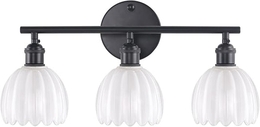 Bathroom Light Fixtures, 3-Light Black Vanity Wall Light Over Mirror with White Tulip Glass Shade for Bedroom Living Room (Bulb Not Included)