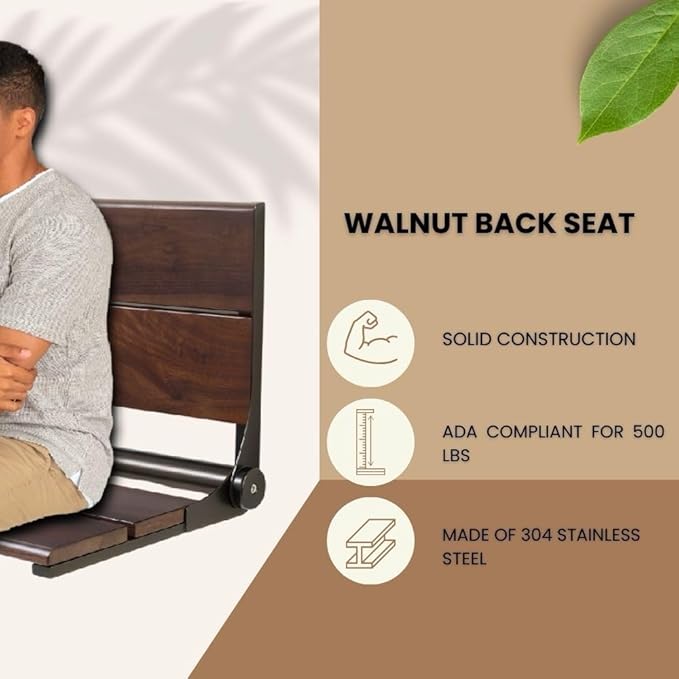Folding Shower Seat Wall Mounted with Back | 500 lbs Maximum Load Capacity | ADA Compliant Safety Assist Teak Shower Seat for Seniors, Handicapped, and Children | 304 Stainless Steel Frame | 18” x 16”
