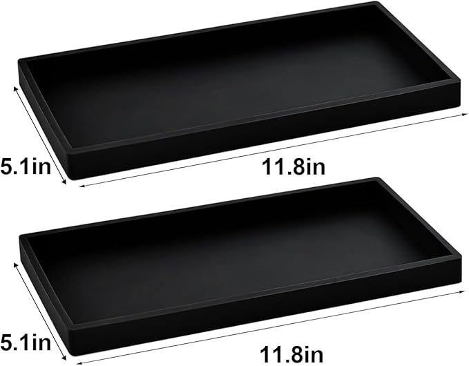2PCS 11.8” L x 5” W Silicone Soap Dispenser Tray, Bathroom Sink Vanity Trays for Dresser Tops, Toilet, Small Black Tray for Scrubber, Lotion Bottles, Perfume, Jewelry, Candle, Key Trinket Ring-Black