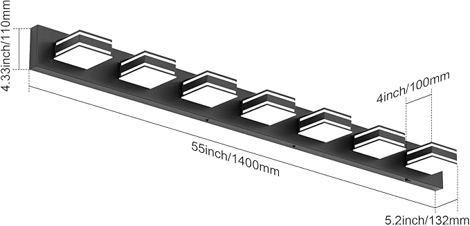 Ralbay 55inch Black Vanity Light 5 Color Temperatures (3000K-6000K) Dimmable Metal Acrylic LED Modern Matte Black Bathroom Wall Lighting for Mirror (7-Light)
