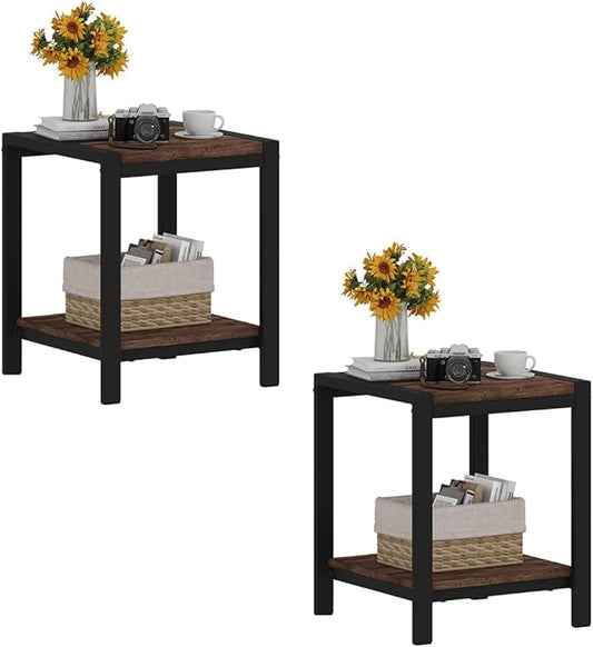 BON AUGURE End Table Set of 2, Small Side Table for Living Room, Night Stand, Bedside Tables with 2-Tier Storage Shelves for Bedroom, Small Spaces (Rustic Oak)