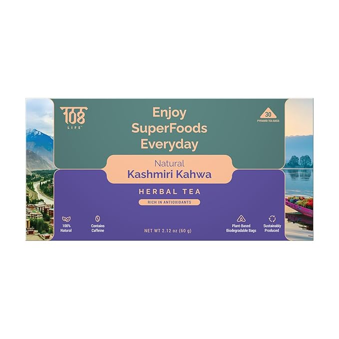 108 LIFE Natural Kashmiri Kahwa Herbal Tea | Rich in Antioxidants | 100% Natural | With Plant-Based Biodegradable Pyramid Tea Bags | 30 Tea Bags Pack