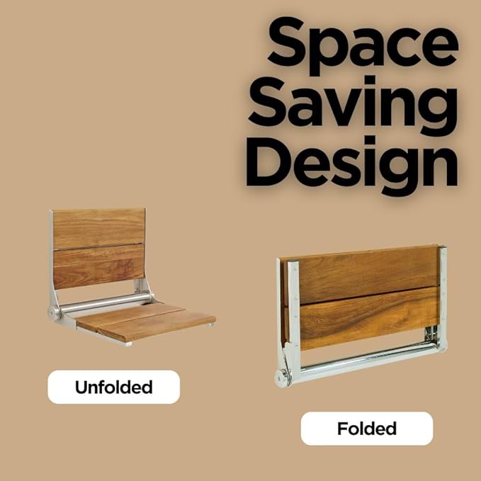 Teak Shower Seat - Contour Wood / Folding Wall Mount Bench for Inside Shower / ADA Safety Assist / 304 Stainless Steel / Brushed Finish / 26" x 16"