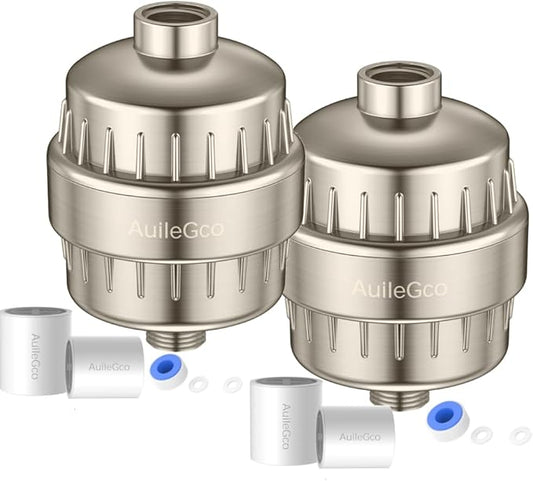 25 Stage AuileGco High Output Shower Filter for Dry Hair and Skin,Equipped with a Replaceable Cartridge-Shower Head Filter for Hard Water-High Filtering Capacity for Chlorine（2 Packs）