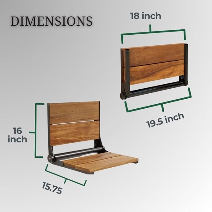 Folding Shower Seat Wall Mounted with Back | 500 lbs Maximum Load Capacity | ADA Compliant Safety Assist Teak Shower Seat for Seniors, Handicapped, and Children | 304 Stainless Steel Frame | 18” x 16”