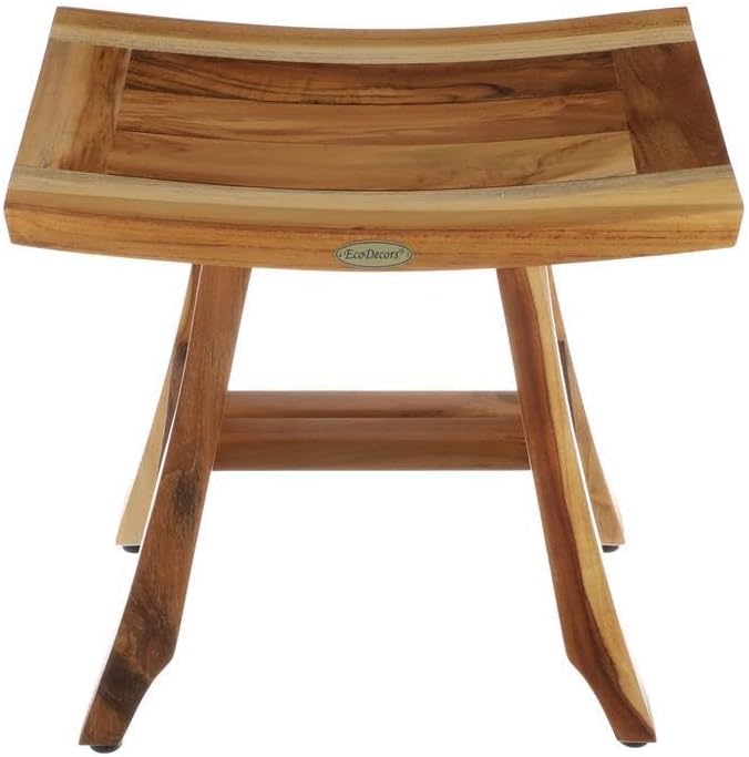 EcoDecors Teak Shower Bench – 18" Satori Bath Seat for Adults & Seniors, EarthyTeak Finish Compact Water-Resistant Bathroom Stool | Non-Slip Bench for Shower Use with Slatted Top & Adjustable Feet