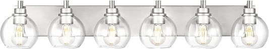 Bathroom Light Fixtures, 6 Light Brushed Nickel Vanity Light, 38 Inch Modern Wall Sconces with Globe Clear Glass Shade, Vanity Lighting Fixtures Over Mirror, VL195-BN-6