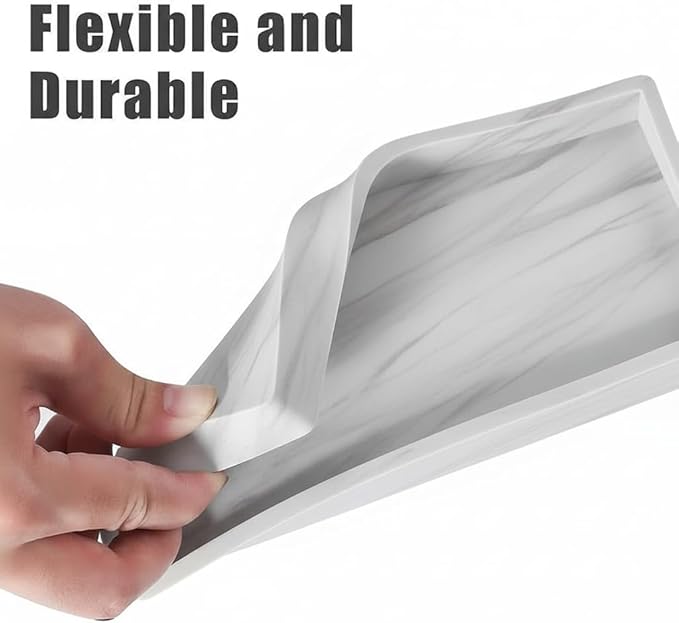 2PCS(7.87” L and 11.8” L) Silicone Soap Dispenser Tray, Kitchen soap Caddy countertop, Toilet, Tray for Scrubber, Lotion Bottles, Perfume, Jewelry, Candle, Key Trinket Ring-White Marble