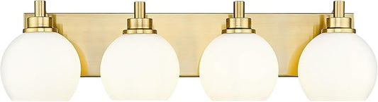 Bathroom Light Fixtures, 4 Light Brushed Gold Vanity Light, 26 Inch Modern Wall Sconces with Globe Milk White Glass Shade, Vanity Lighting Fixtures Over Mirror, VL195-BG-ML-4