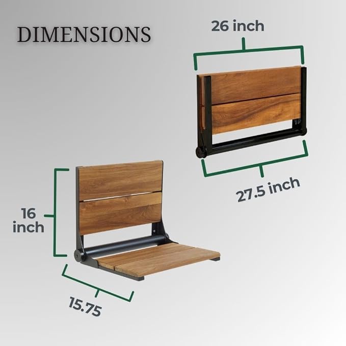 Walnut Shower Seat - Contour Wood / Folding Wall Mount Bench for Inside Shower / ADA Safety Aid / 304 Stainless Steel / Matte Black / 26" x 16"