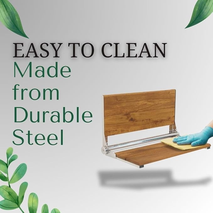 Teak Shower Seat - Contour Wood / Folding Wall Mount Bench for Inside Shower / ADA Safety Assist / 304 Stainless Steel / Brushed Finish / 26" x 16"