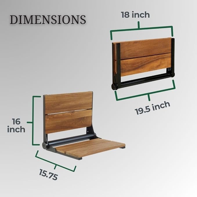 Teak Shower Seat - Type 304 Stainless Steel/Contoured 1" Natural Wood Slats/ADA Folding Wall Mount Bench/Matte Black / 18" x 16"