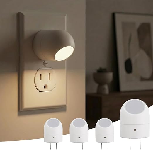 Mini LED Night Light Plug-in Smart Sensor Directional Lamp with 360° Adjustable Head Auto On Off Dusk to Dawn Lighting Energy Saving Bedside Wall Light (Warm White, 4 Pack)