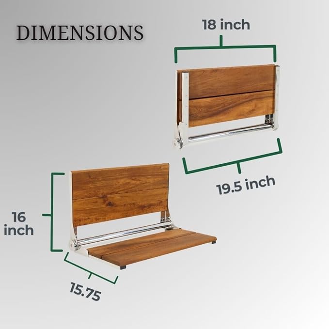 Teak Shower Seat - Contour Wood / Folding Wall Mount Bench for Inside Shower / ADA Safety Assist / 304 Stainless Steel / Polished Chrome / 18" x 16"