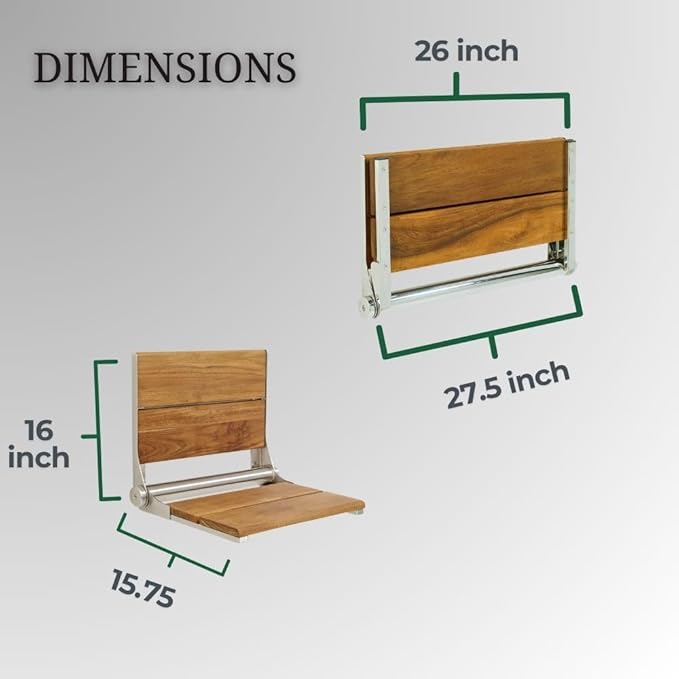 Teak Shower Seat - Contour Wood / Folding Wall Mount Bench for Inside Shower / ADA Safety Assist / 304 Stainless Steel / Brushed Finish / 26" x 16"