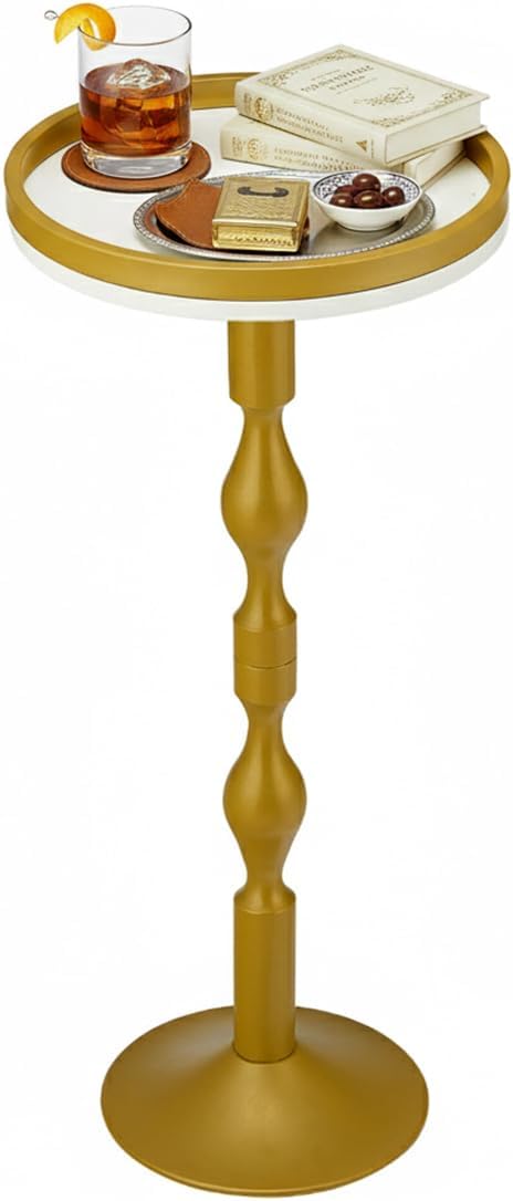 Small Round Drink Table,Pedestal Tables,Small Round Side Table for Narrow Spaces,End Table for Living Room, Bedroom, Bathroom,Balcony (White Gold)