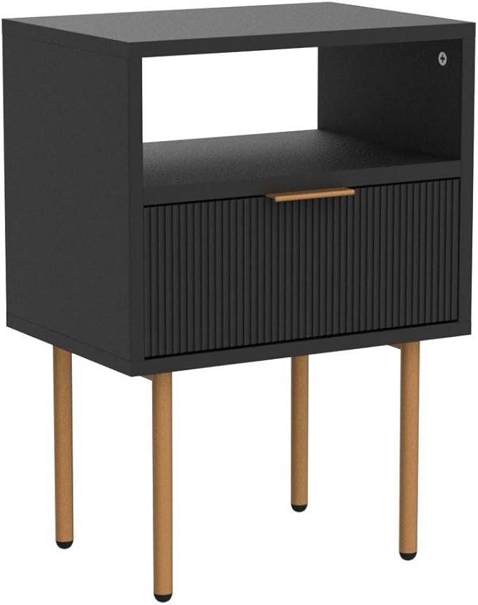 Masupu Nightstand,Mid-Century Modern Bedside Table with Storage Drawer and Open Wood Shelf,Small Gold Frame Side Table for Bedroom,Living Room,Black
