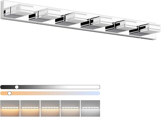 Ralbay 48inch Chrome Vanity Light for Bathroom with 5 Color Temperatures (3000K-6000K) Dimmable Stainless Steel Acrylic LED Modern Chrome Bathroom Light Fixtures (6-Light)