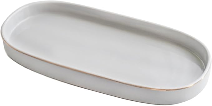 10x5 Bathroom Vanity Tray, Oval Ceramic Decorative Perfume Candle Tray for Bathroom/Kitchen Counter, Grey
