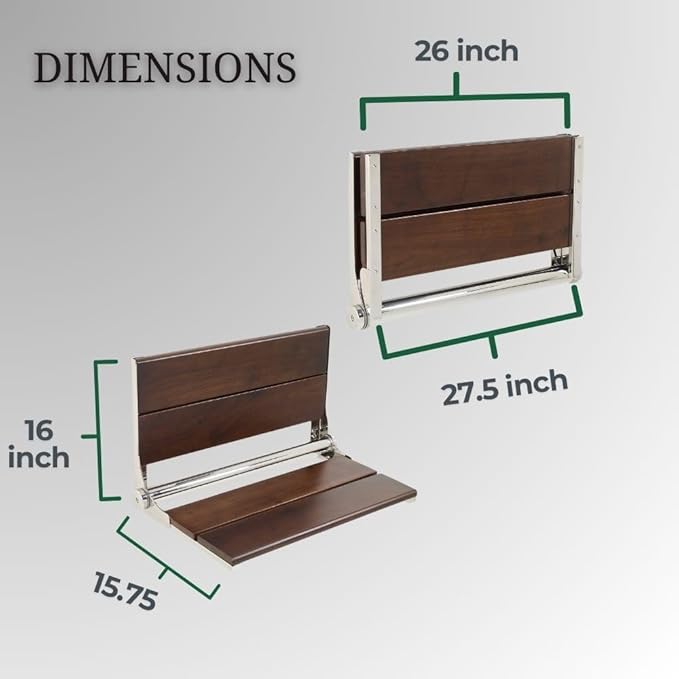 Folding Shower Seat Wall Mounted with Back | 500 lbs Maximum Load Capacity | ADA Compliant Safety Assist Teak Shower Seat for Seniors, Handicapped, and Children | 304 Stainless Steel Frame | 26” x 16”