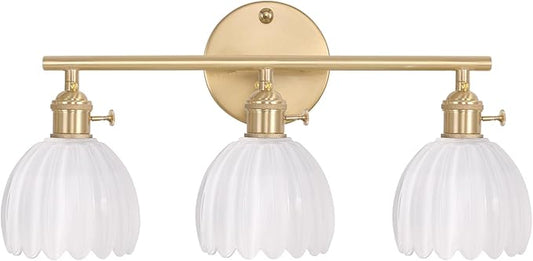 Bathroom Light Fixtures, 3-Light Brass Vanity Wall Light Over Mirror with White Tulip Glass Shade for Bedroom Living Room (Bulb Not Included)