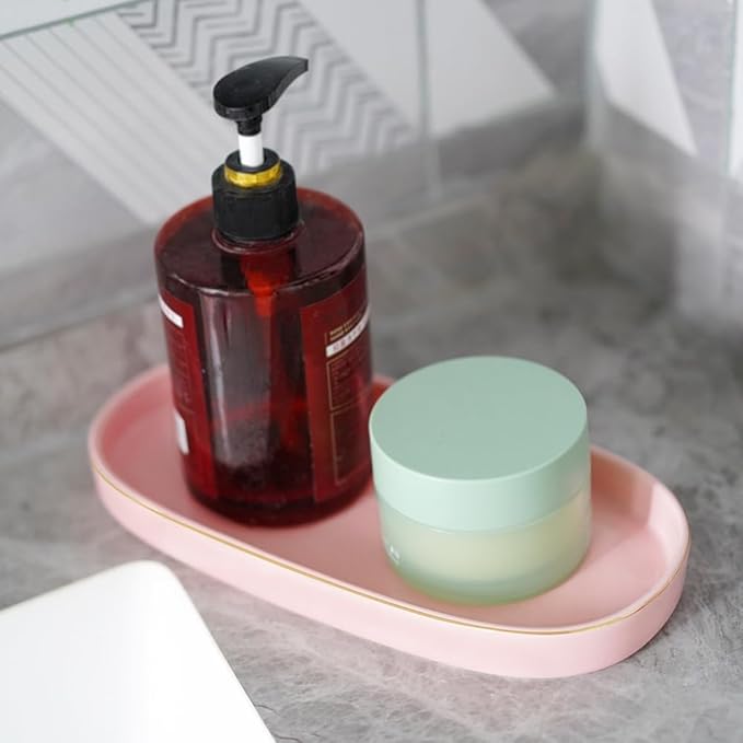 10x5 Bathroom Vanity Tray, Oval Ceramic Decorative Perfume Candle Tray for Bathroom/Kitchen Counter, Pink