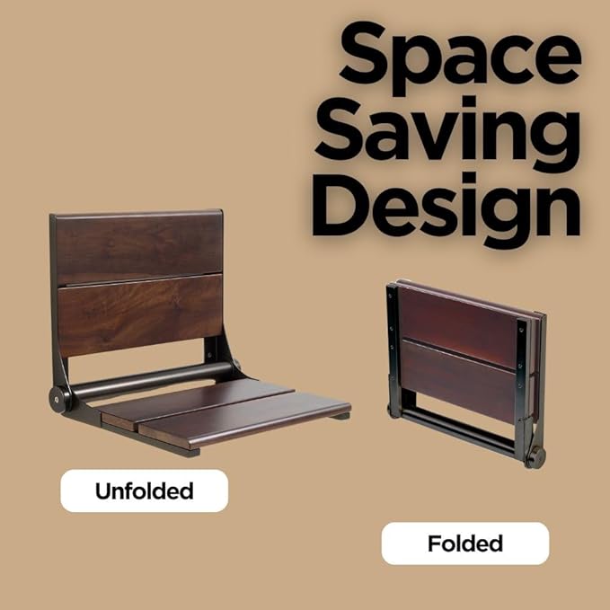 Folding Shower Seat Wall Mounted with Back | 500 lbs Maximum Load Capacity | ADA Compliant Safety Assist Teak Shower Seat for Seniors, Handicapped, and Children | 304 Stainless Steel Frame | 18” x 16”