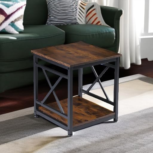 Industrial End Table Side Table with 2-Tier Storage Shelf, 18'' Square Nightstand Bedside Table X-Design Metal Frame for Living Room Bedroom, Rustic Brown