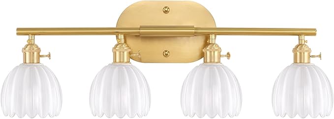 Bathroom Light Fixtures, 4-Light Brass Vanity Wall Light Over Mirror with White Tulip Glass Shade for Bedroom Living Room (Bulb Not Included)