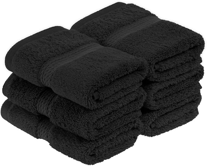 Superior Egyptian Cotton Pile Face Towel/Washcloth Set of 6, Ultra Soft Luxury Towels, Thick Plush Essentials, Absorbent Heavyweight, Guest Bath, Hotel, Spa, Home Bathroom, Shower Basics, Black
