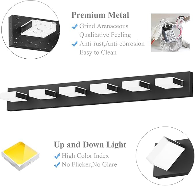 Aipsun Black Modern Bathroom Light Fixtures - 6 LED Vanity Lights, Over Mirror (White Light, 6000K)
