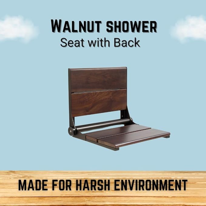 Folding Shower Seat Wall Mounted with Back | 500 lbs Maximum Load Capacity | ADA Compliant Safety Assist Teak Shower Seat for Seniors, Handicapped, and Children | 304 Stainless Steel Frame | 26” x 16”