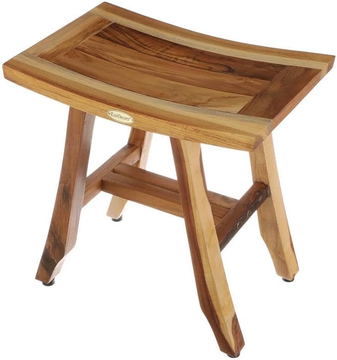 EcoDecors Teak Shower Bench – 18" Satori Bath Seat for Adults & Seniors, EarthyTeak Finish Compact Water-Resistant Bathroom Stool | Non-Slip Bench for Shower Use with Slatted Top & Adjustable Feet
