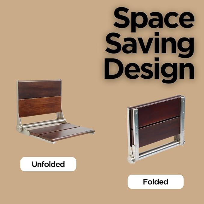 Folding Shower Seat Wall Mounted with Back | 500 lbs Maximum Load Capacity | ADA Compliant Safety Assist Teak Shower Seat for Seniors, Handicapped, and Children | 304 Stainless Steel Frame | 26” x 16”
