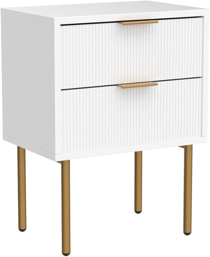Masupu Nightstand,Mid-Century Modern Bedside Table with 2 Storage Drawer,Small Gold Frame Side End Table for Bedroom,Living Room, White