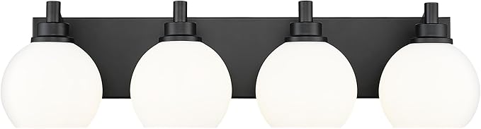 Bathroom Light Fixtures, 4 Light Matte Black Vanity Light, 26 Inch Modern Wall Sconces with Globe Milk White Glass Shade, Vanity Lighting Fixtures Over Mirror, VL195-MB-ML-4