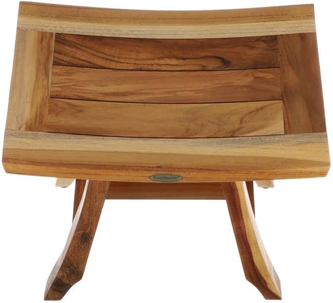 EcoDecors Teak Shower Bench – 18" Satori Bath Seat for Adults & Seniors, EarthyTeak Finish Compact Water-Resistant Bathroom Stool | Non-Slip Bench for Shower Use with Slatted Top & Adjustable Feet