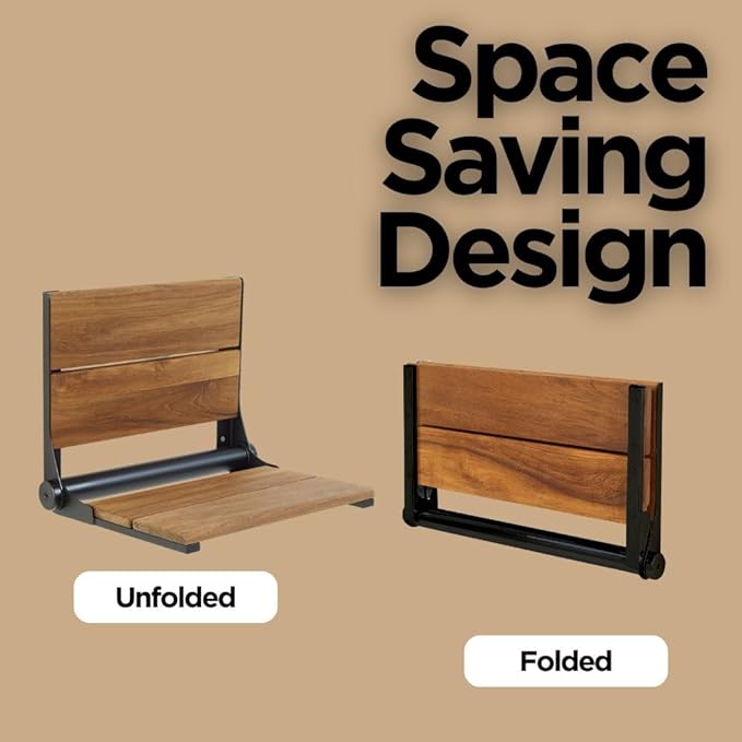 Teak Shower Seat - Contour Wood / Folding Wall Mount Bench for Inside Shower / ADA Safety Assist / 304 Stainless Steel / Matte Black / 26" x 16"