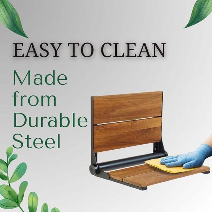 Teak Shower Seat - Contour Wood / Folding Wall Mount Bench for Inside Shower / ADA Safety Assist / 304 Stainless Steel / Matte Black / 26" x 16"