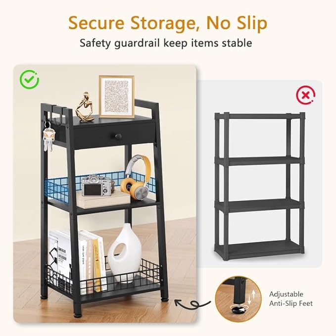 3-Tier Bathroom Ladder Shelf with Drawer, Freestanding Tower Shelf Ladder Bookshelf for Living Room, Bedroom -Black